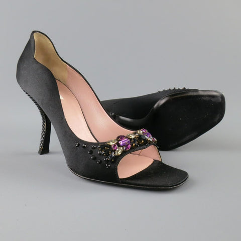 PRADA Size 6 Black Silk Purple Crystal Peep Toe Curved Stud Heel Pumps