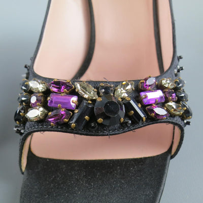 PRADA Size 6 Black Silk Purple Crystal Peep Toe Curved Stud Heel Pumps
