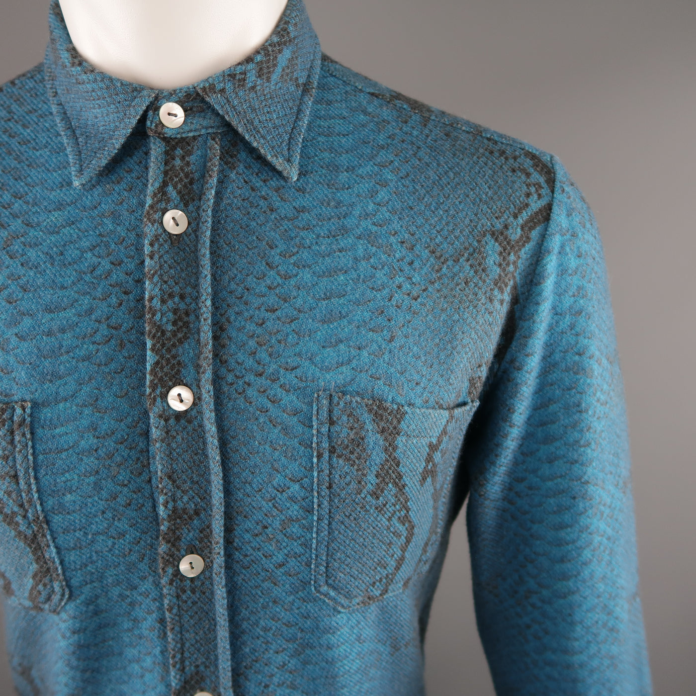 PRINTED ARTWORKS Size M Blue Snake Print Wool Blend Long Sleeve Shirt