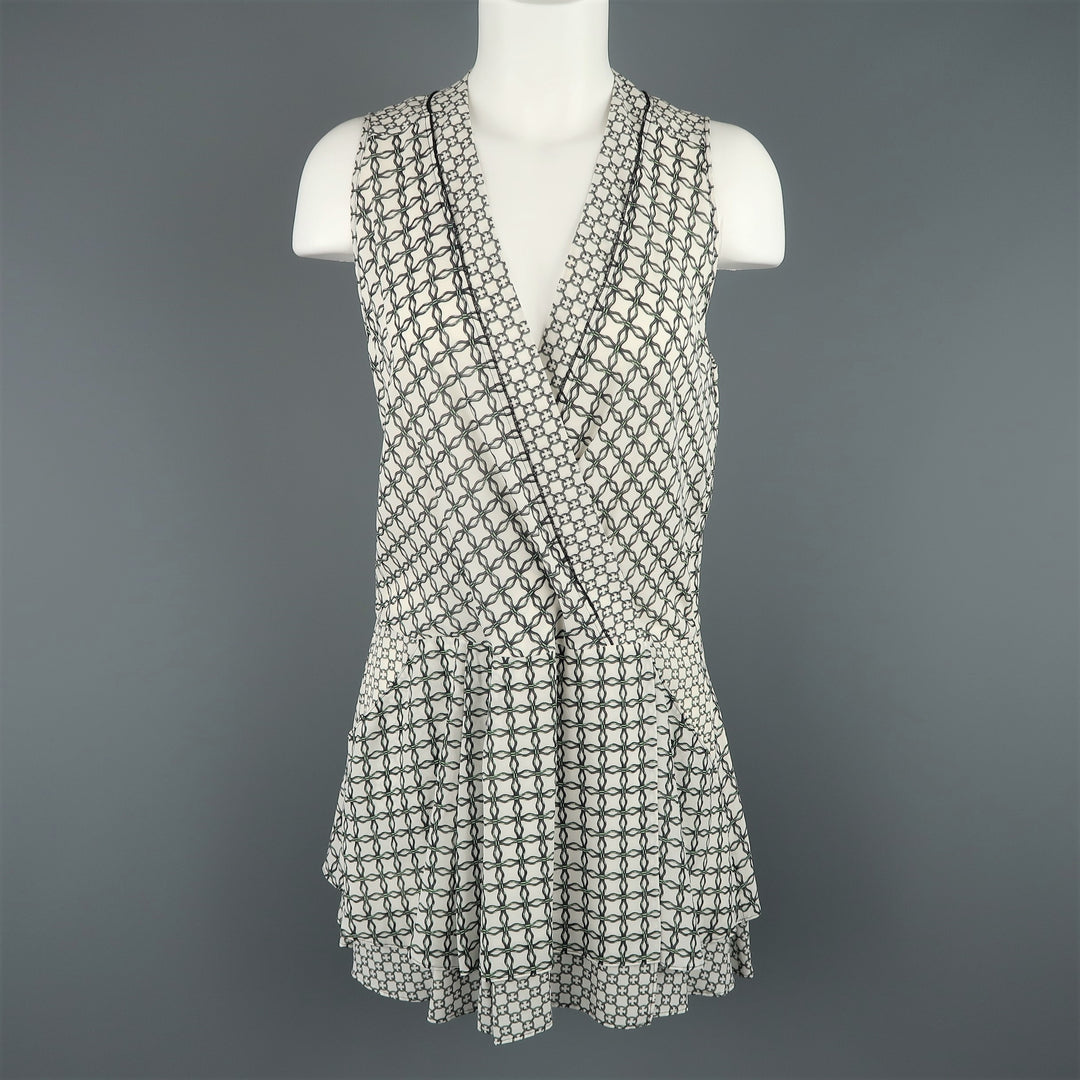 PROENZA SCHOULER Size 2 White & Green Chainlink Silk Wrap Ruffle Dress