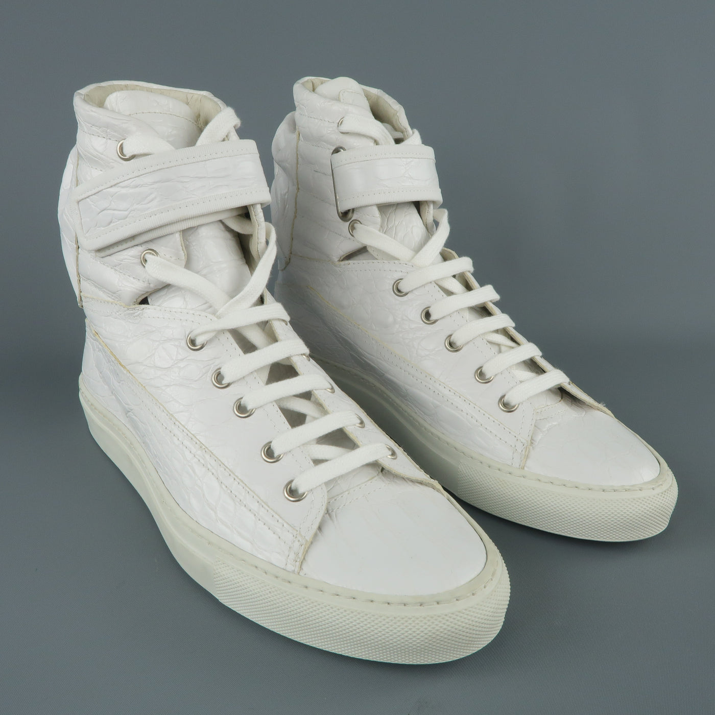 RAF SIMONS Size 7 White Crocodile Embossed Leather Astronaut Boot Sneakers