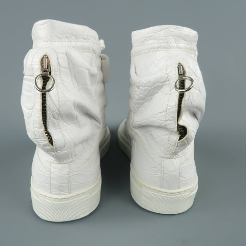 RAF SIMONS Size 7 White Crocodile Embossed Leather Astronaut Boot Sneakers