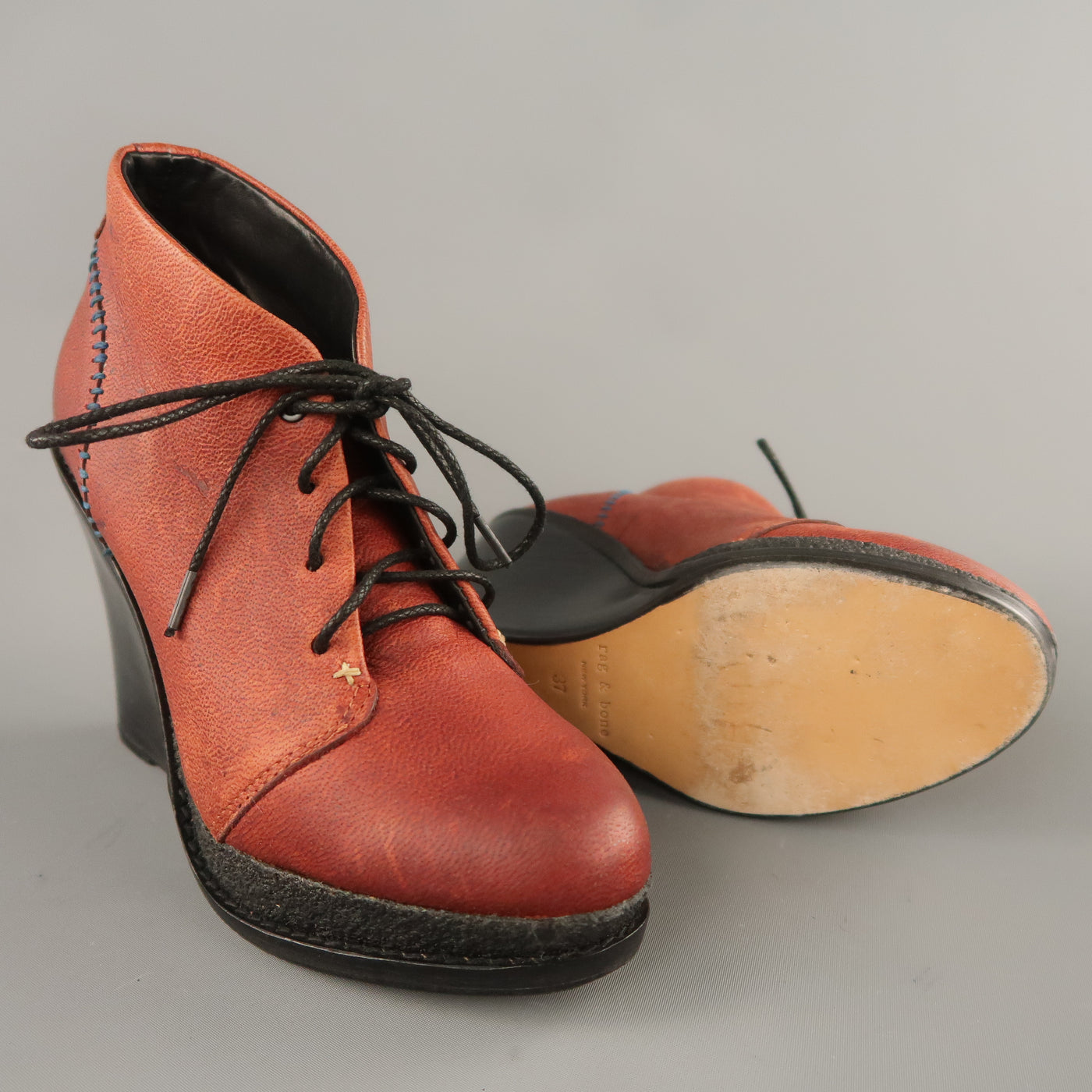 RAG & BONE Size 7  Brown Leather Black Wedge Ankle Boots