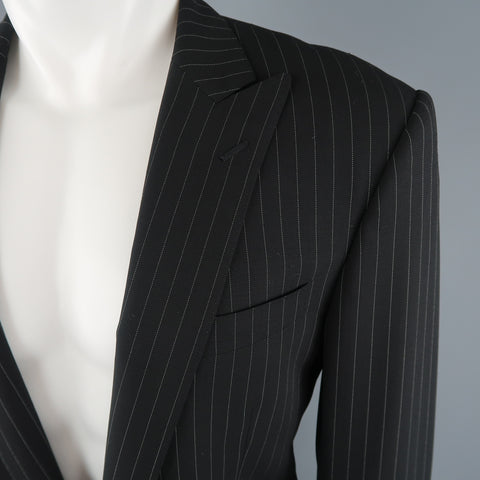 RALPH LAUREN 40 Black Pinstripe Wool Peak Lapel Suit