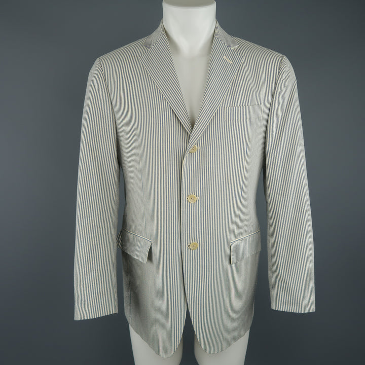 RALPH LAUREN 40 Regular Cream & Blue Striped Seersucker Notch Lapel Sport Coat