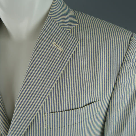 RALPH LAUREN 40 Regular Cream & Blue Striped Seersucker Notch Lapel Sport Coat