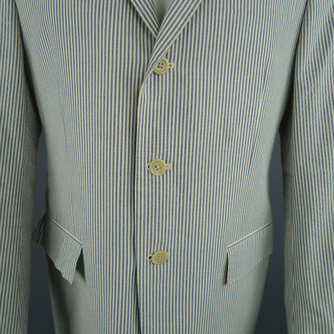 RALPH LAUREN 40 Regular Cream & Blue Striped Seersucker Notch Lapel Sport Coat