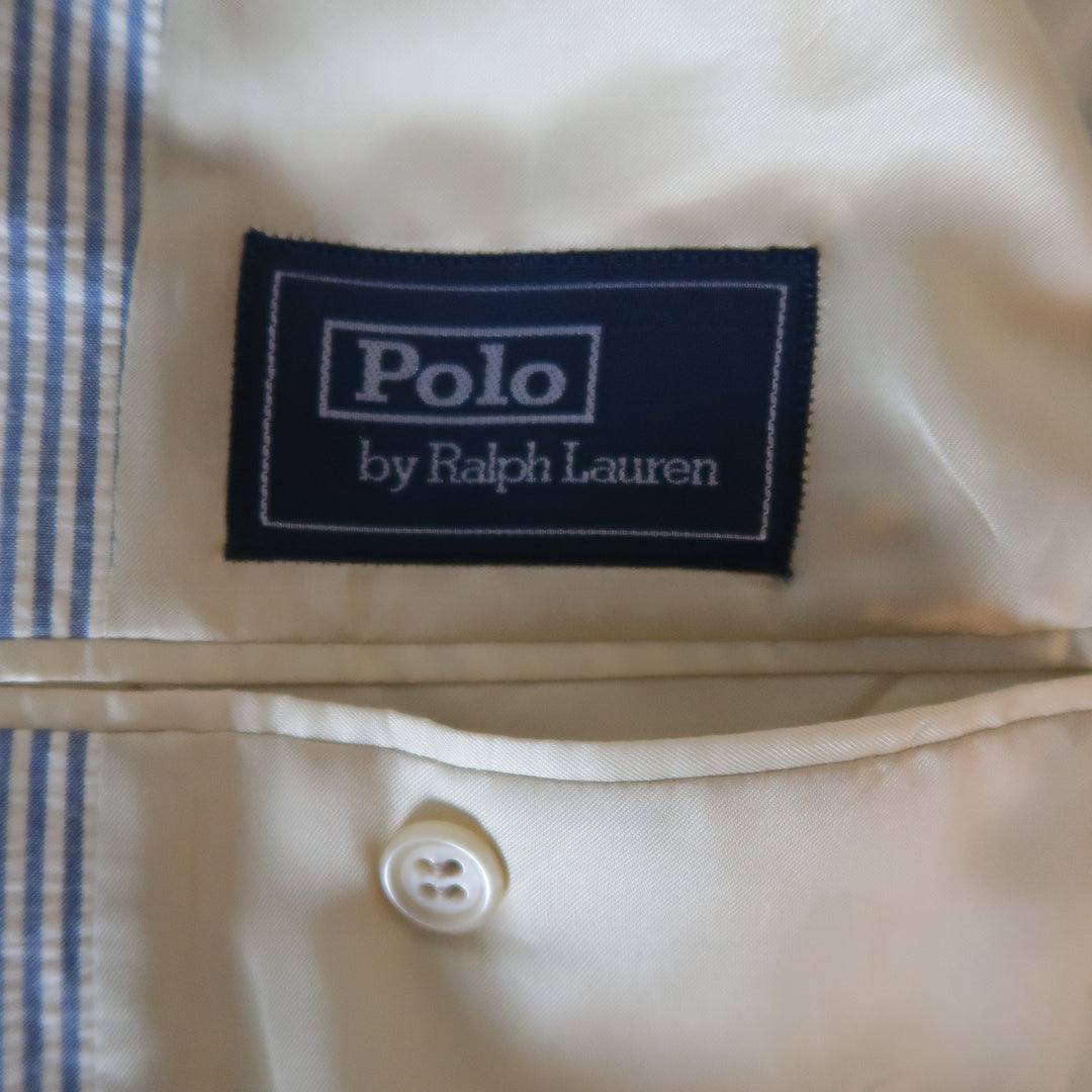 RALPH LAUREN 40 Regular Cream & Blue Striped Seersucker Notch Lapel Sport Coat