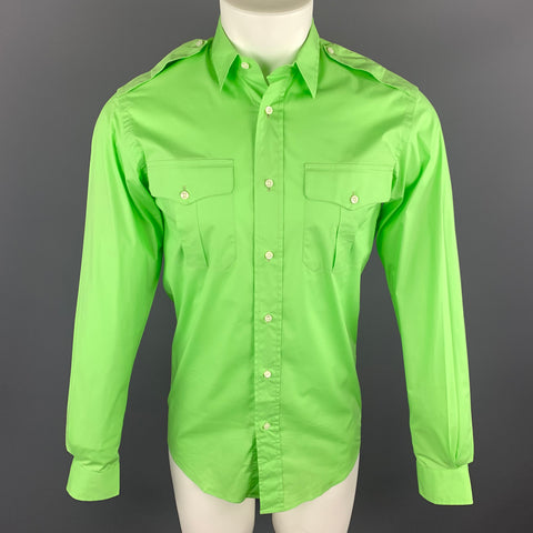 RALPH LAUREN Black Label S Lime Green Cotton Patch Pockets Long Sleeve Shirt