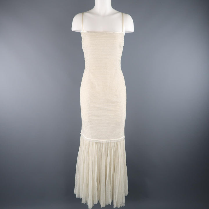 RALPH LAUREN COLLECTION US 12 Cream Beaded Drop Waist Tulle Gown Dress