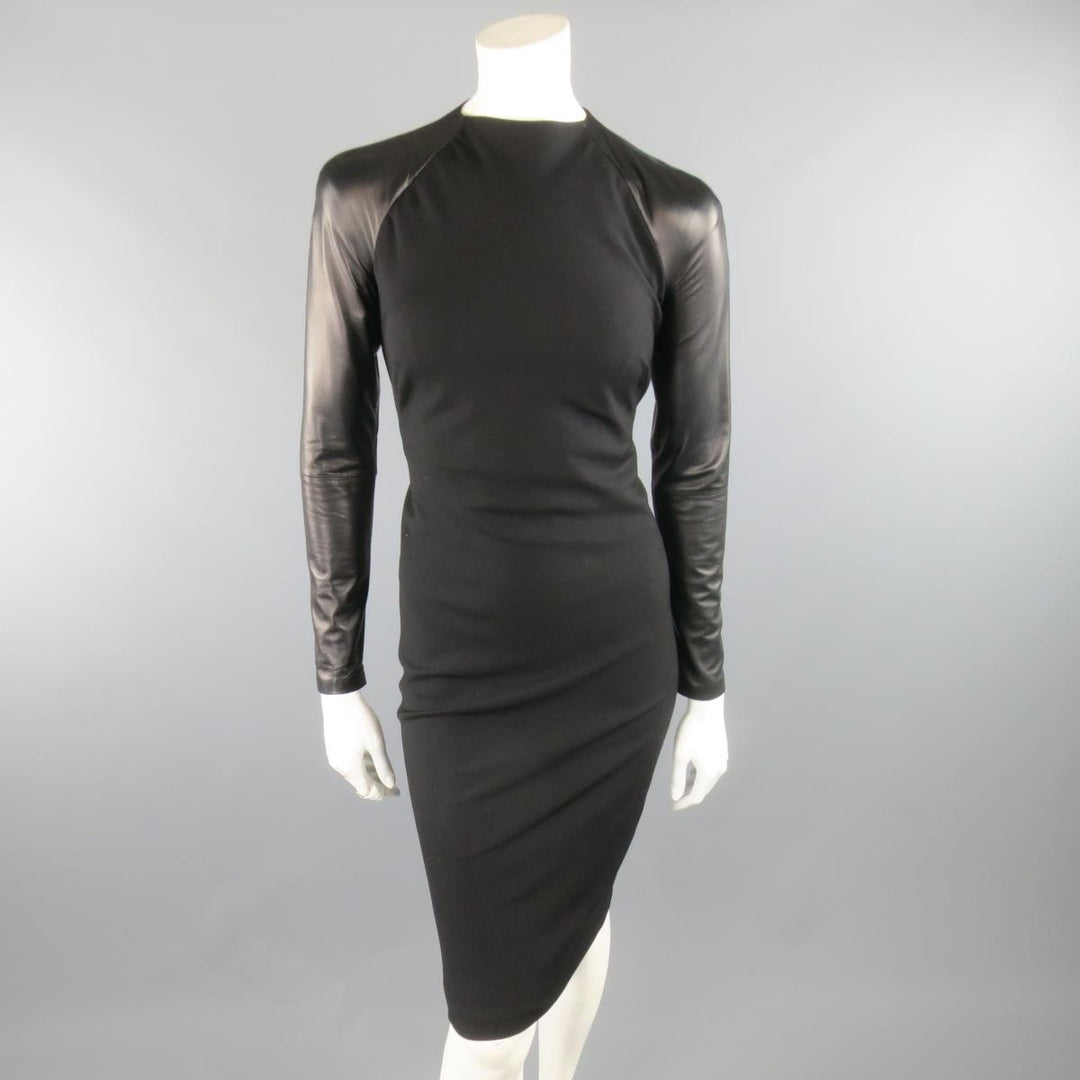 RALPH LAUREN COLLECTION Megan Fall 2012 Size US 4 Black Wool Leather Sleeve Dress RALPH LAUREN COLLECTION Megan Fall 2012 Size US 4 Black Wool Leather Sleeve Dress