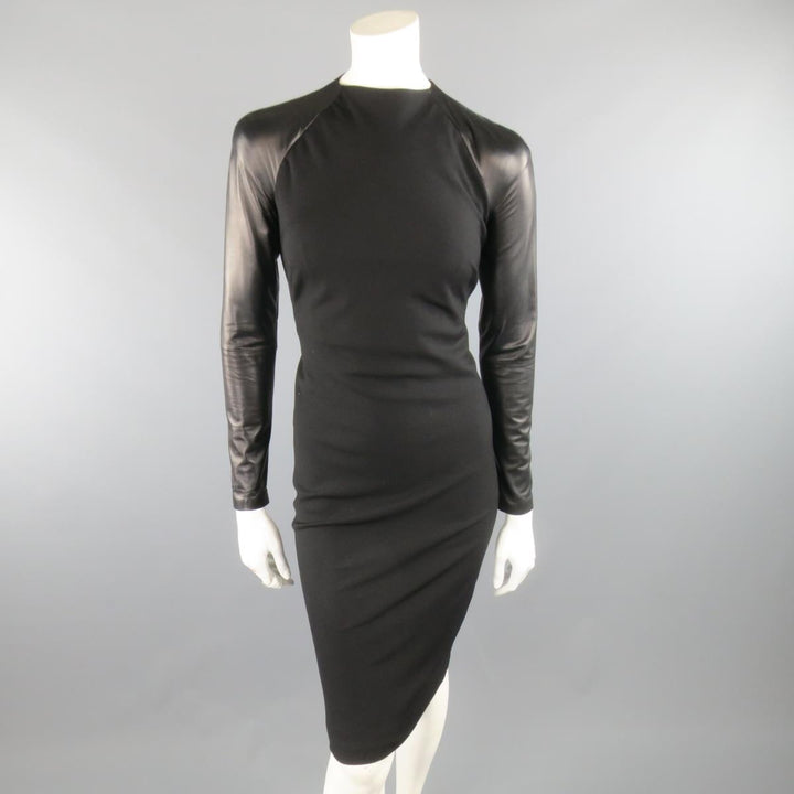RALPH LAUREN COLLECTION Megan Fall 2012 Size US 4 Black Wool Leather Sleeve Dress
