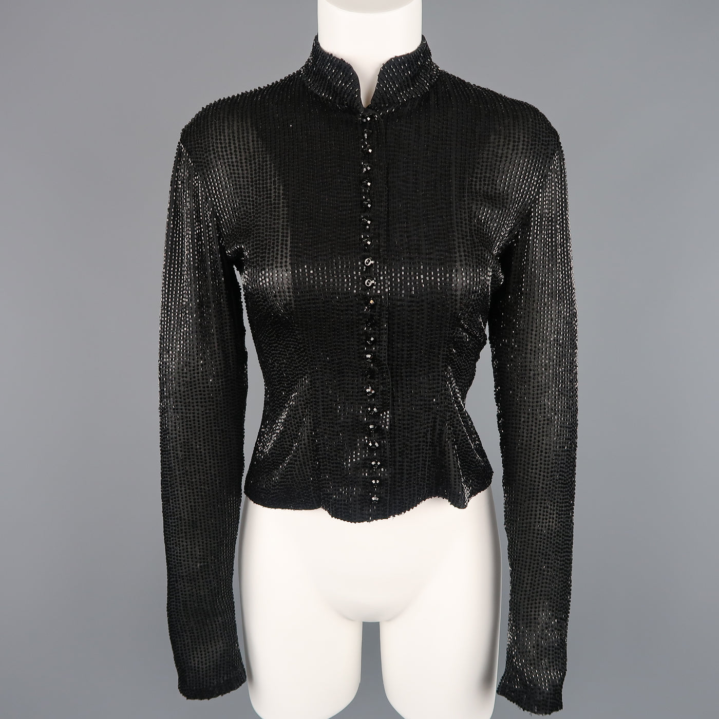 RALPH LAUREN Collection Size 6 Black Beaded Silk Nehru Collar Evening Blouse