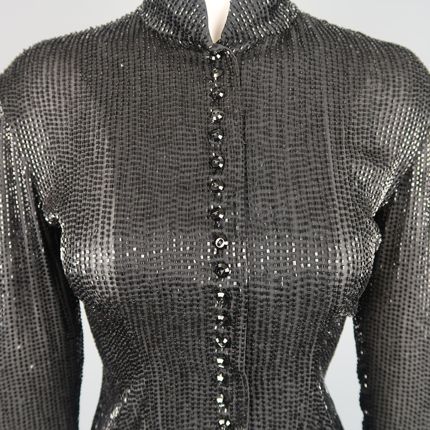 RALPH LAUREN Collection Size 6 Black Beaded Silk Nehru Collar Evening Blouse