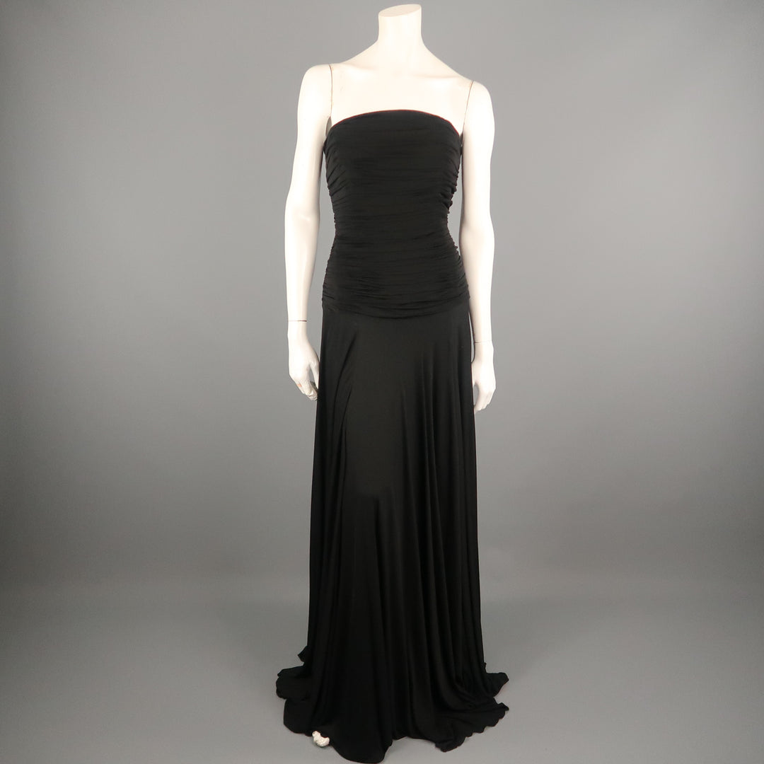 RALPH LAUREN Size 10 Black Viscose Ruched Bustier Strapless Gown Sui Generis Designer Consignment RALPH LAUREN Size 10 Black Viscose Ruched Bustier Strapless Gown Sui Generis Designer Consignment