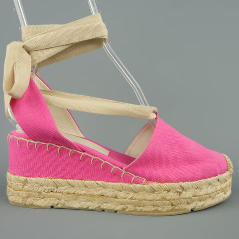 RALPH LAUREN Cuñas de alpargata con correa al tobillo de lona rosa talla 10 