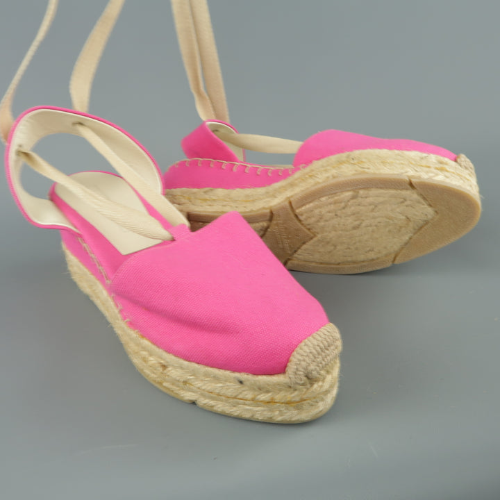 RALPH LAUREN Size 10 Pink Canvas Ankle Strap Espadrille Wedges