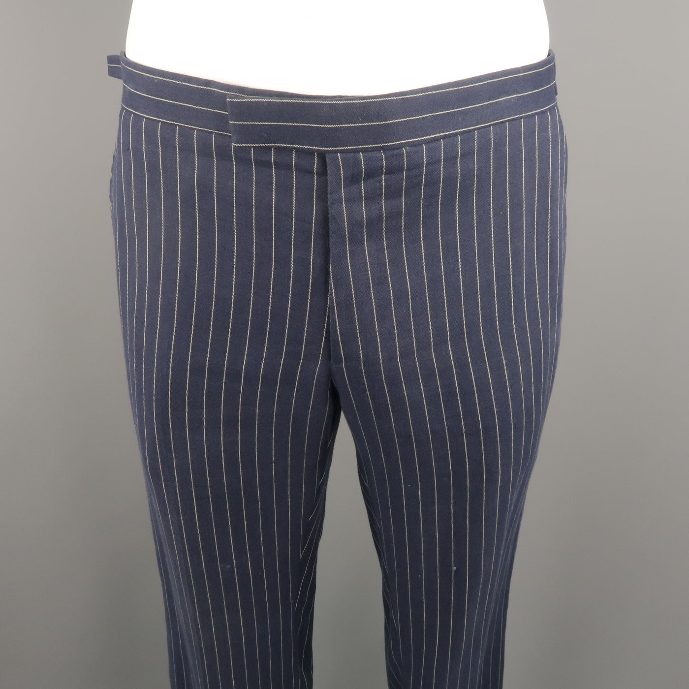 RALPH LAUREN Size 34 Navy Stripe Linen Dress Pants