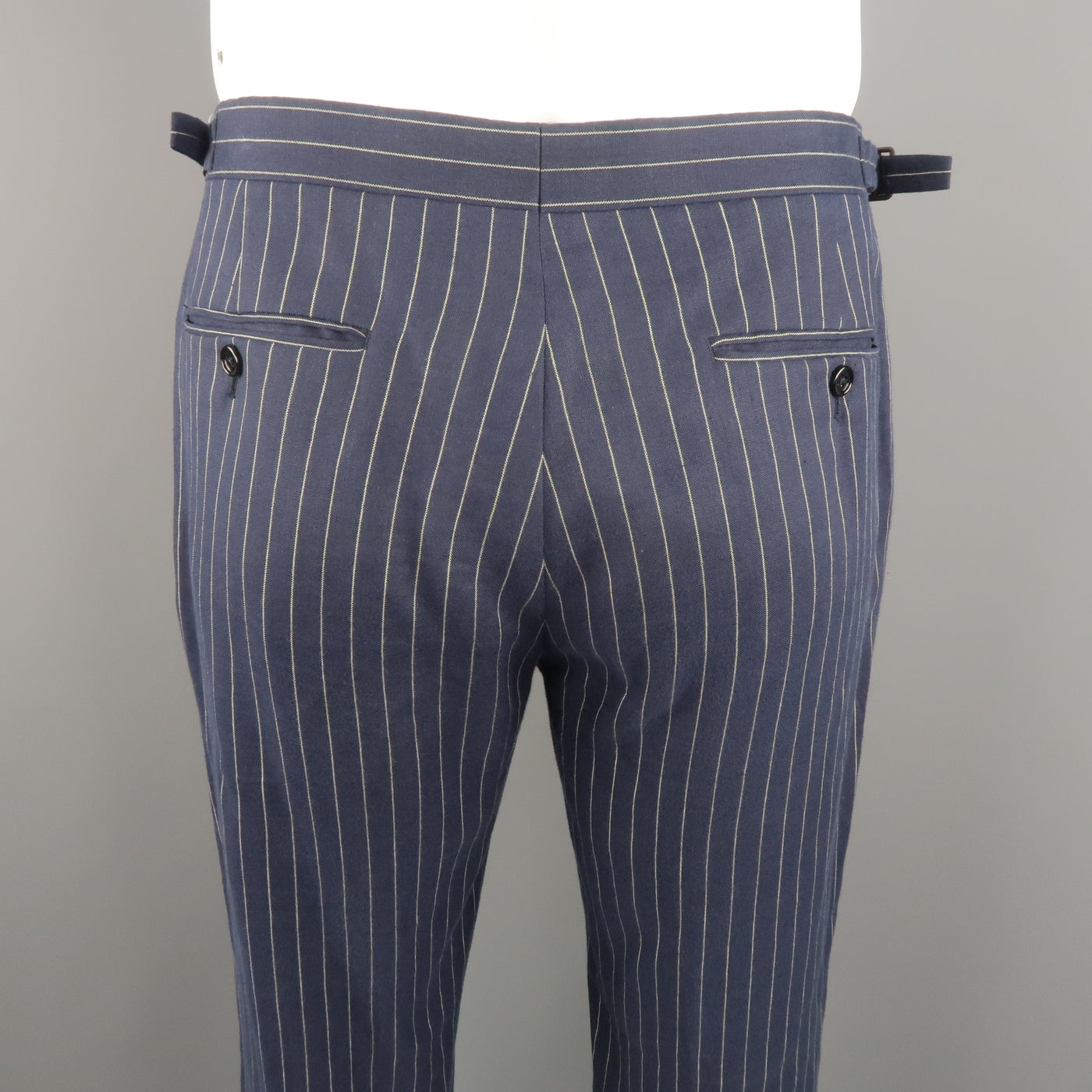 RALPH LAUREN Size 34 Navy Stripe Linen Dress Pants