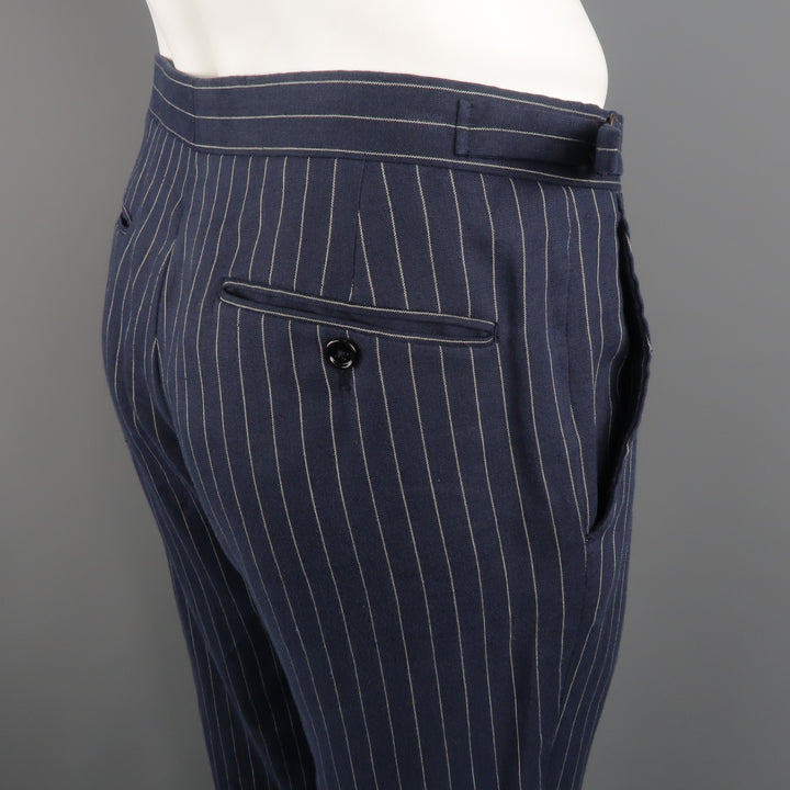 RALPH LAUREN Size 34 Navy Stripe Linen Dress Pants