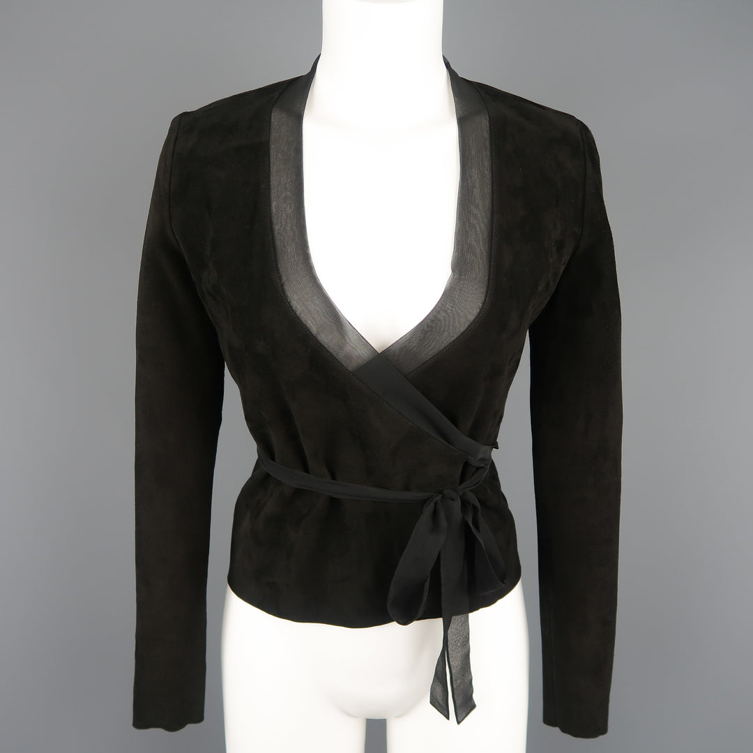 RALPH LAUREN Size 4 Black Suede Silk Trimmed V Neck Wrap Top
