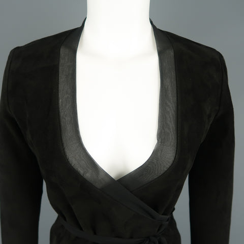 RALPH LAUREN Size 4 Black Suede Silk Trimmed V Neck Wrap Top