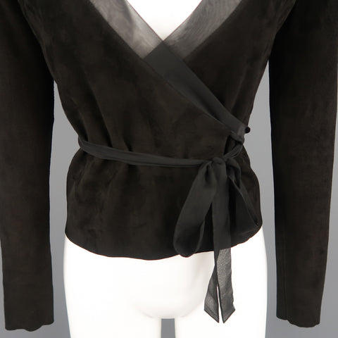 RALPH LAUREN Size 4 Black Suede Silk Trimmed V Neck Wrap Top