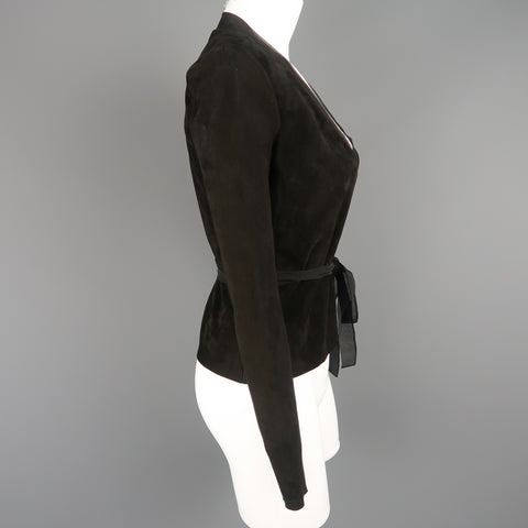 RALPH LAUREN Size 4 Black Suede Silk Trimmed V Neck Wrap Top