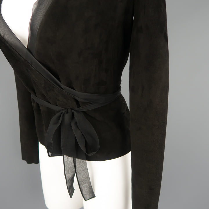 RALPH LAUREN Size 4 Black Suede Silk Trimmed V Neck Wrap Top
