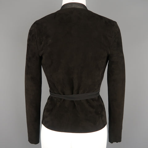 RALPH LAUREN Size 4 Black Suede Silk Trimmed V Neck Wrap Top