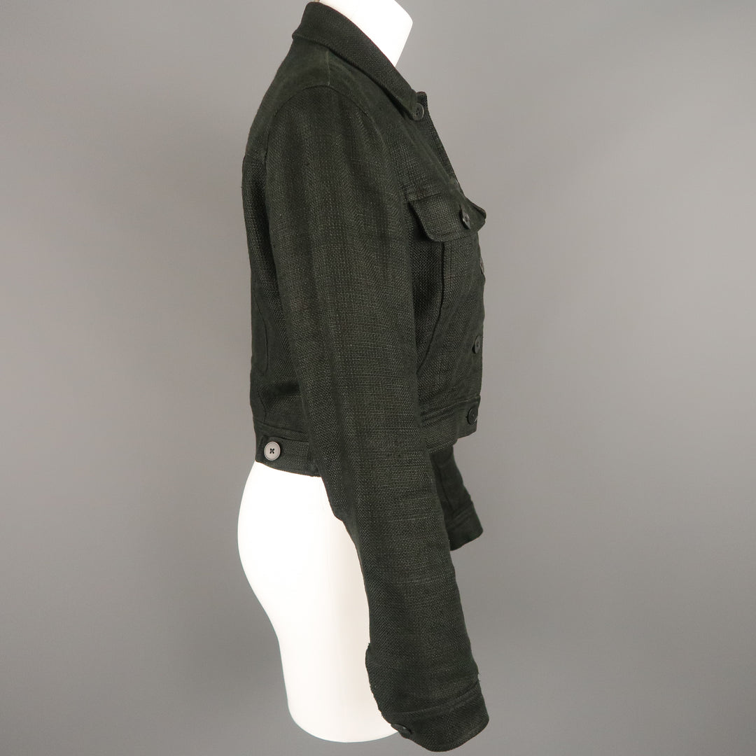 RALPH LAUREN Size 4 Black Woven Linen Cropped Trucker Jacket