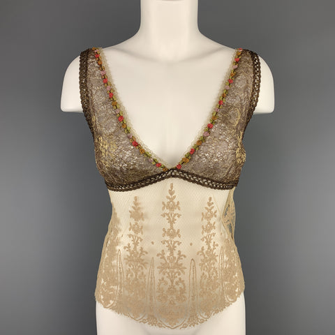 RALPH LAUREN Size 6 Beige Lace Florwer Trim V Neck Camisole Top