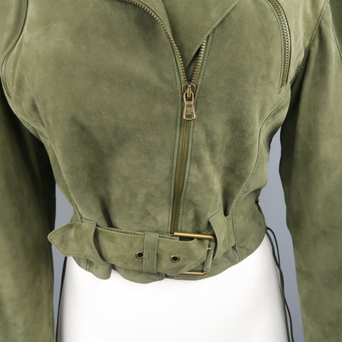 RALPH LAUREN Size 6 Olive Suede Cropped Lace Up Biker Jacket
