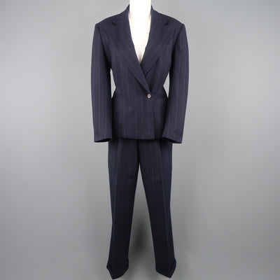 RALPH LAUREN Size 8 Navy Chalkstripe Wool Pleated Peak Lapel Jacket Pants Suit