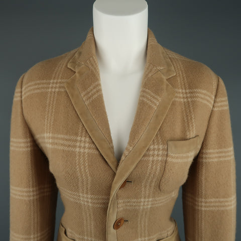 RALPH LAUREN Size 8 Plaid Camel Wool Suede Trim Jacket