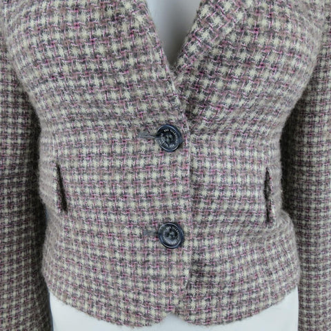 RED VALENTINO 2 Gray & Pink Plaid Wool Blend Tweed Cropped Peak Lapel Blazer