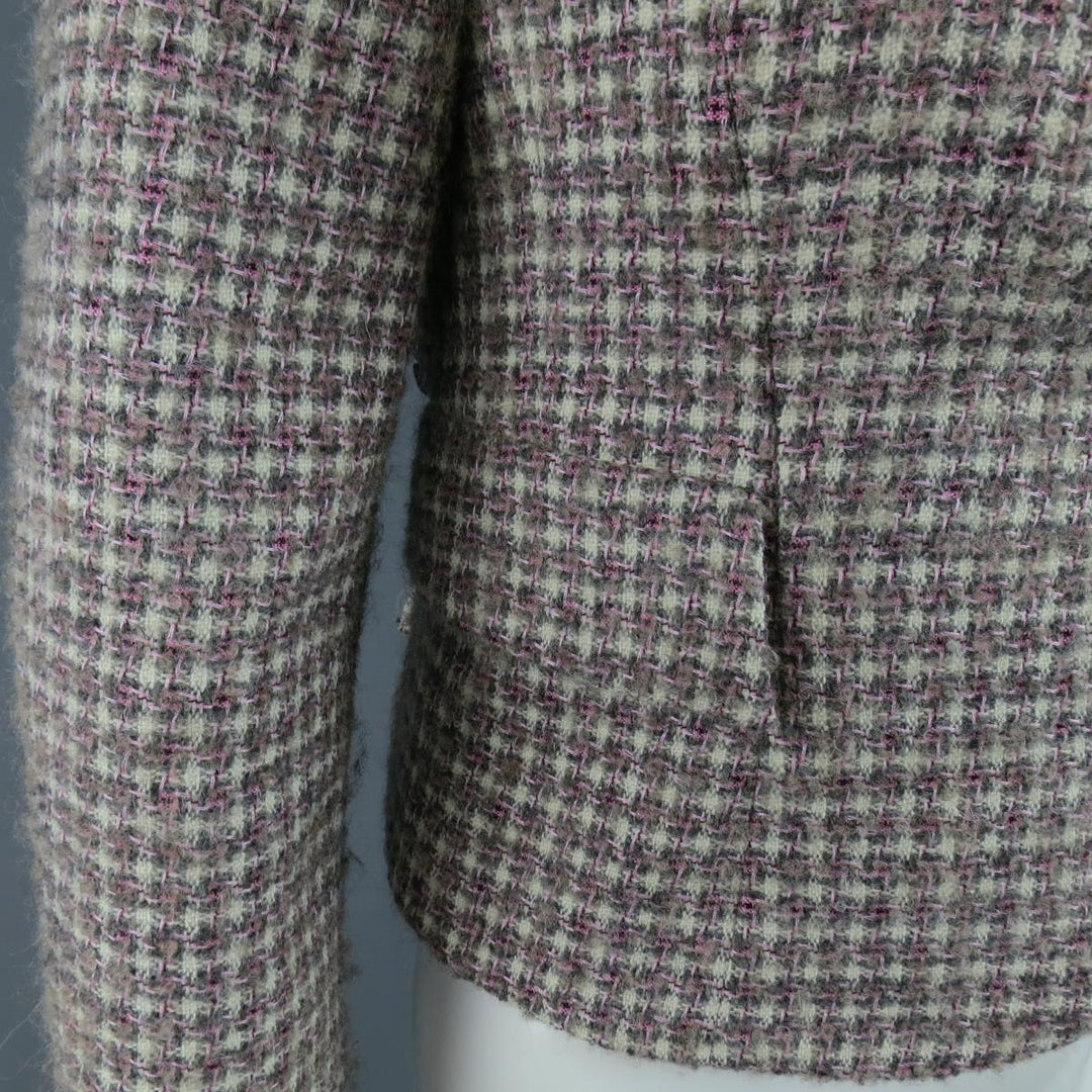 RED VALENTINO 2 Gray & Pink Plaid Wool Blend Tweed Cropped Peak Lapel Blazer