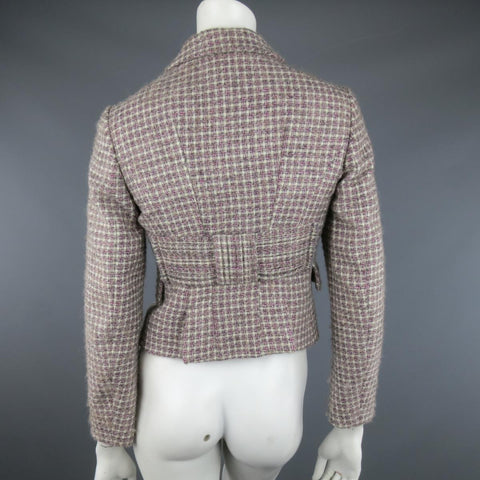 RED VALENTINO 2 Gray & Pink Plaid Wool Blend Tweed Cropped Peak Lapel Blazer
