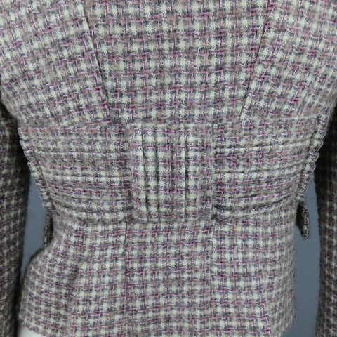 RED VALENTINO 2 Gray & Pink Plaid Wool Blend Tweed Cropped Peak Lapel Blazer