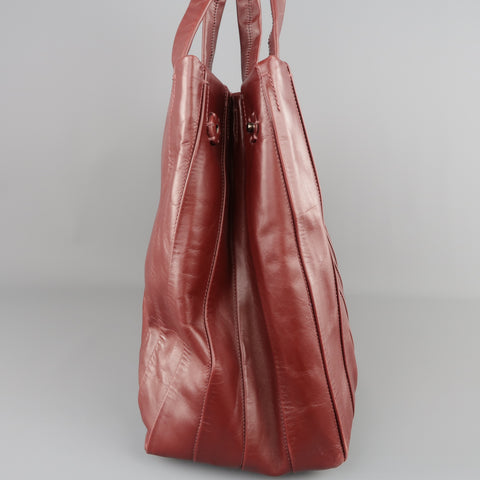 REED KRAKOFF Burgundy Pleated Leather Top Handle Tote Handbag