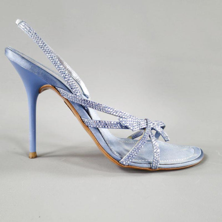 RENE CAOVILLA 10 Light Blue Swarovski Crystal Bow Strap Silk Slingback Sandals