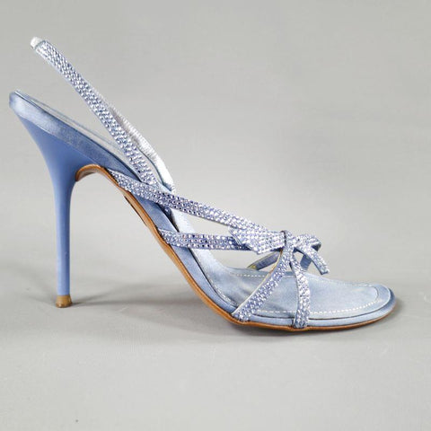 RENE CAOVILLA 10 Sandalias destalonadas de seda con correa de lazo de cristal Swarovski azul claro