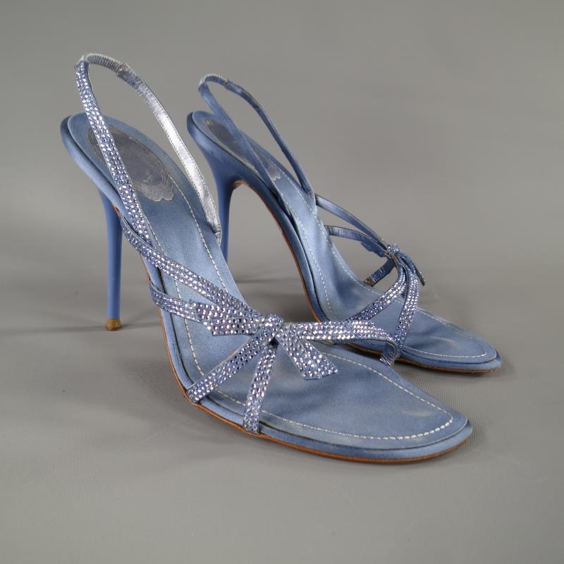 RENE CAOVILLA 10 Sandales à bride arrière en soie avec bride à nœud en cristal Swarovski bleu clair