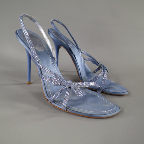 RENE CAOVILLA 10 Sandalias destalonadas de seda con correa de lazo de cristal Swarovski azul claro