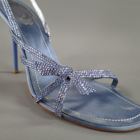 RENE CAOVILLA 10 Sandalias destalonadas de seda con correa de lazo de cristal Swarovski azul claro