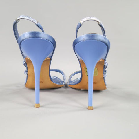 RENE CAOVILLA 10 Sandalias destalonadas de seda con correa de lazo de cristal Swarovski azul claro