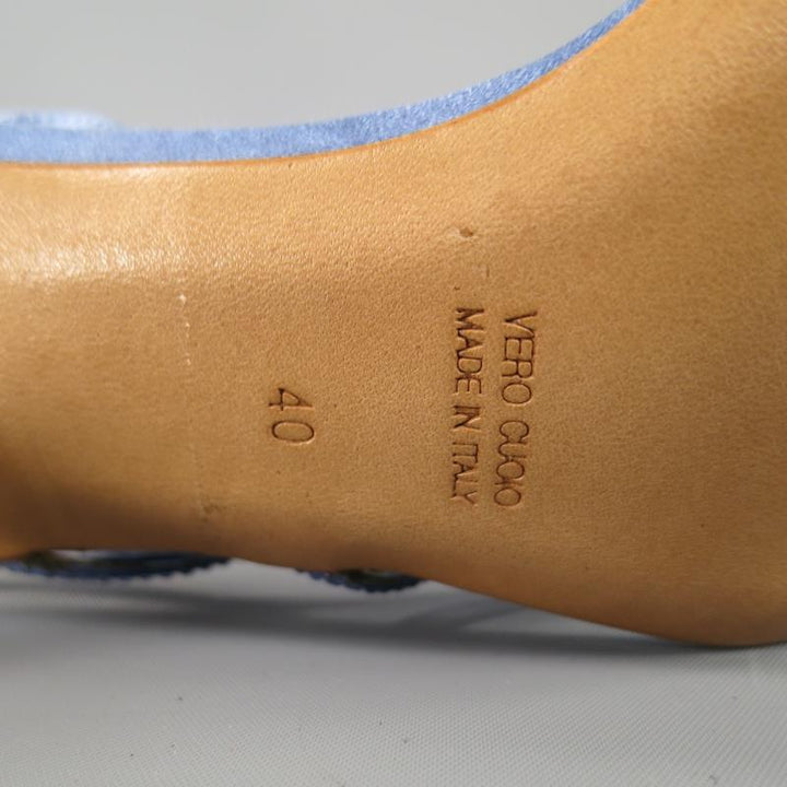 RENE CAOVILLA 10 Sandalias destalonadas de seda con correa de lazo de cristal Swarovski azul claro