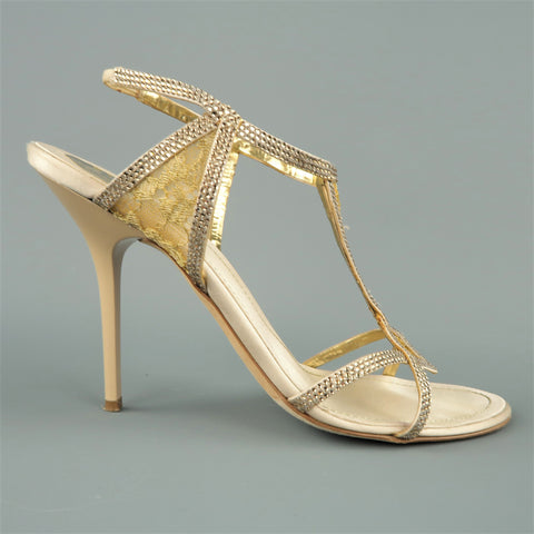 RENE CAOVILLA Talla 10 Sandalias de encaje dorado y cuero con diamantes de imitación beige