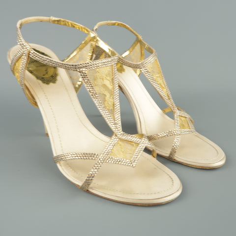 RENE CAOVILLA Talla 10 Sandalias de encaje dorado y cuero con diamantes de imitación beige