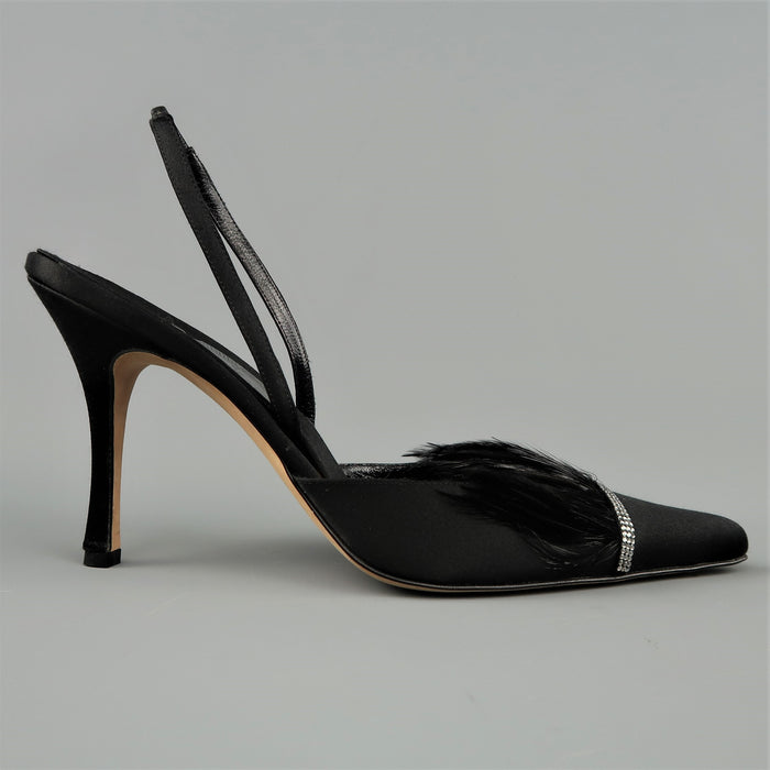 RENE CAOVILLA Size 10 Black Silk Feather & Rhinestone Pointed Slingback Pumps